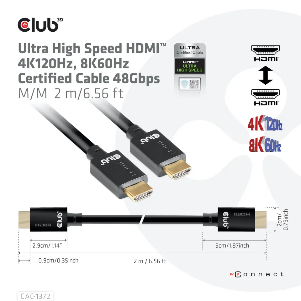 Club3D Kabel Ultra Rychlý HDMI™ Certifikovaný HDMI™ 4K120Hz, 8K60Hz, 2m, 28 AWG