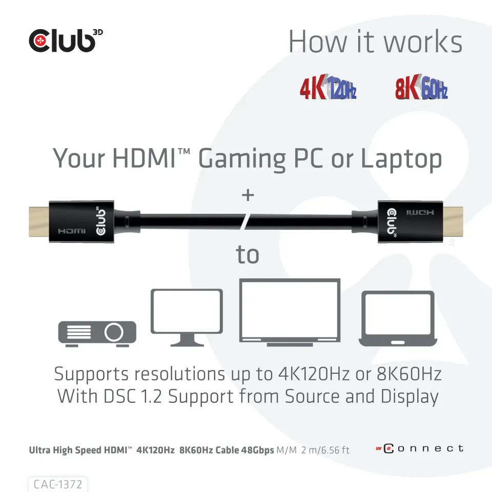 Club3D Kabel Ultra Rychlý HDMI™ Certifikovaný HDMI™ 4K120Hz, 8K60Hz, 2m, 28 AWG