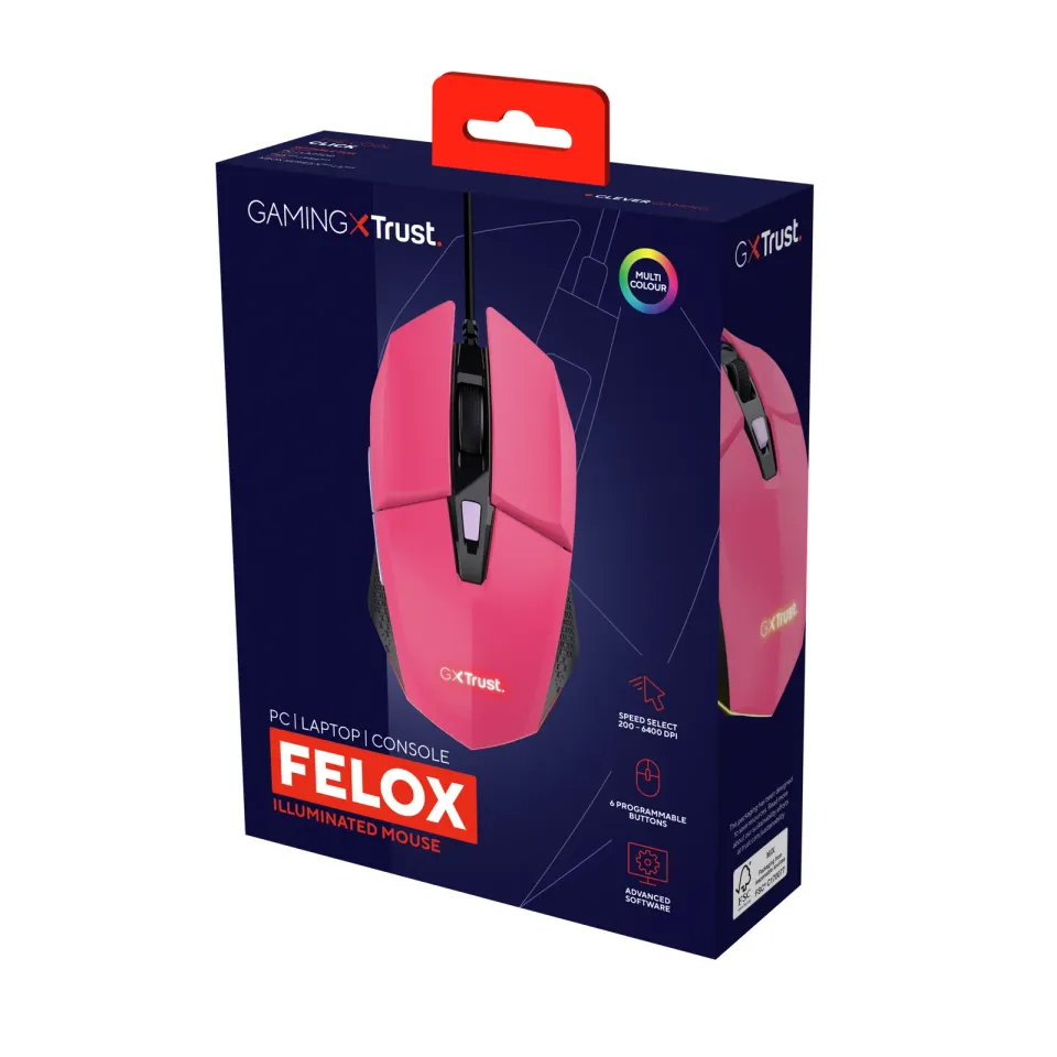 TRUST GXT 109 FELOX/Herní/Optická/Pro praváky/6 400 DPI/Drátová USB/Růžová