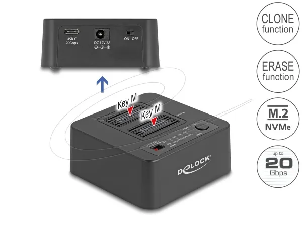 Delock USB 20 Gbps Dokovací stanice M.2 pro 2 x SSD M.2 NVMe PCIe s funkcemi klo