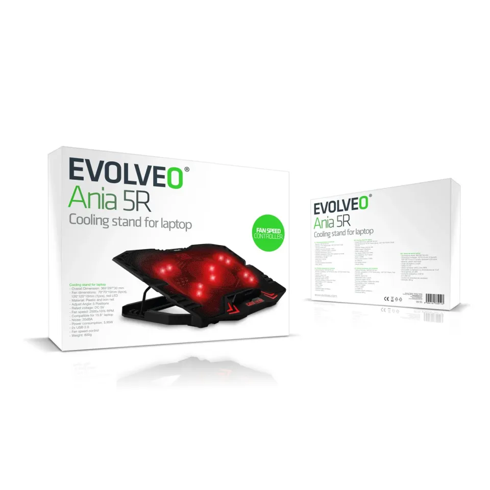 EVOLVEO Ania 5R, chladicí podstavec pro notebook, červené podsvícení, polohovate