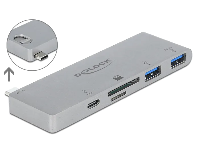 Delock Hub se 3 porty a čtečka karet se 2 sloty pro MacBook s PD 3.0 a zatažitel