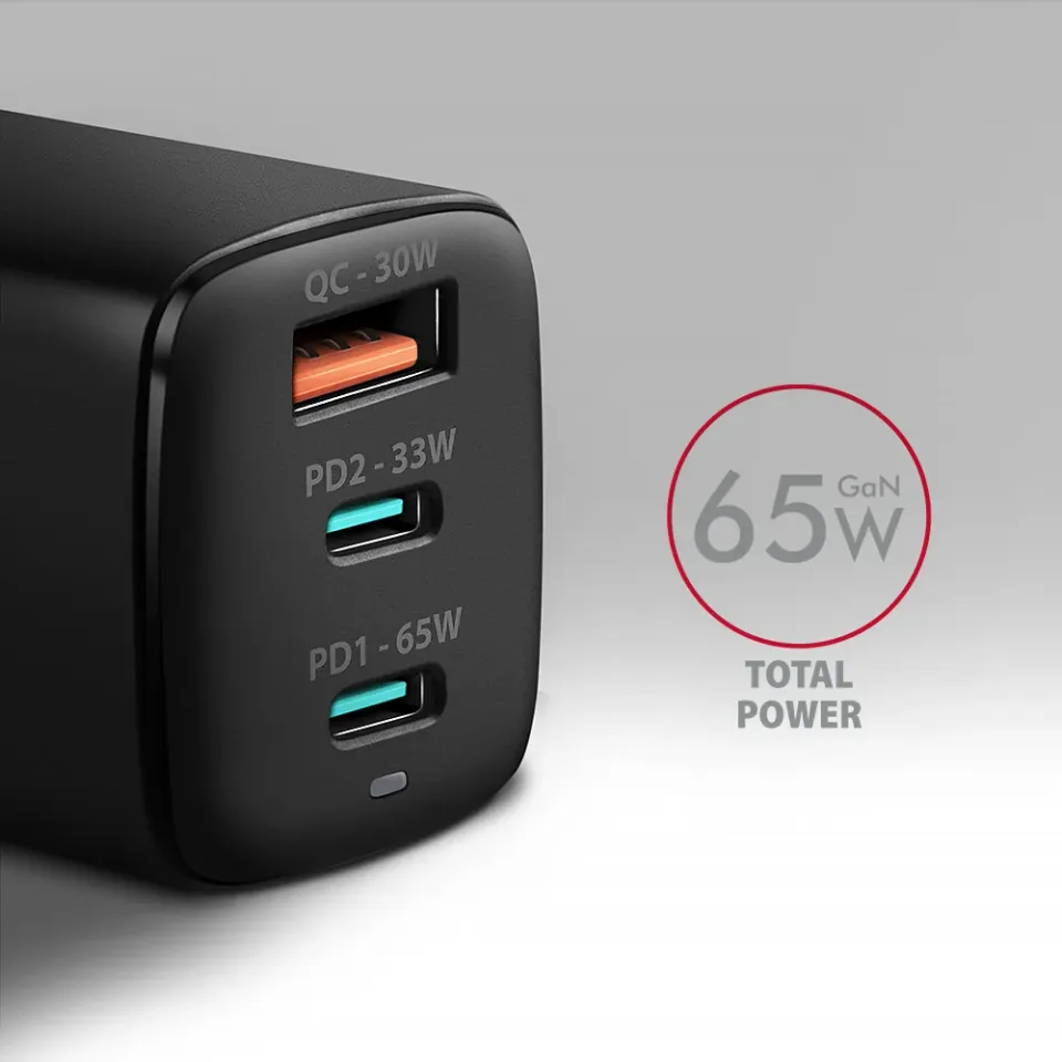 AXAGON ACU-DPQ65, GaN nabíječka do sítě 65W, 3x port (USB-A + dual USB-C), PD3.0