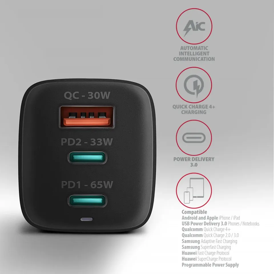 AXAGON ACU-DPQ65, GaN nabíječka do sítě 65W, 3x port (USB-A + dual USB-C), PD3.0