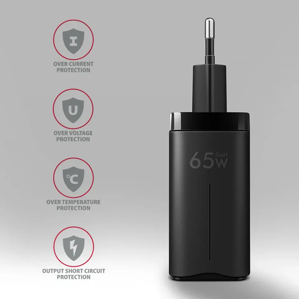 AXAGON ACU-DPQ65, GaN nabíječka do sítě 65W, 3x port (USB-A + dual USB-C), PD3.0