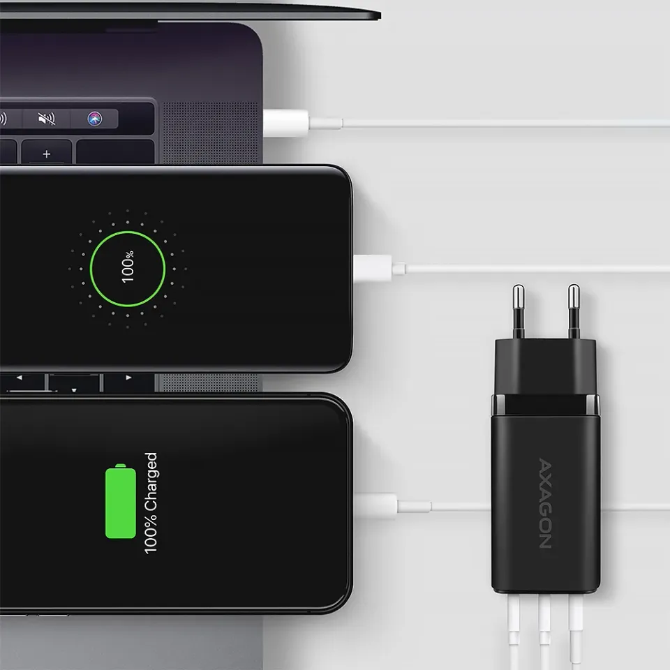 AXAGON ACU-DPQ65, GaN nabíječka do sítě 65W, 3x port (USB-A + dual USB-C), PD3.0