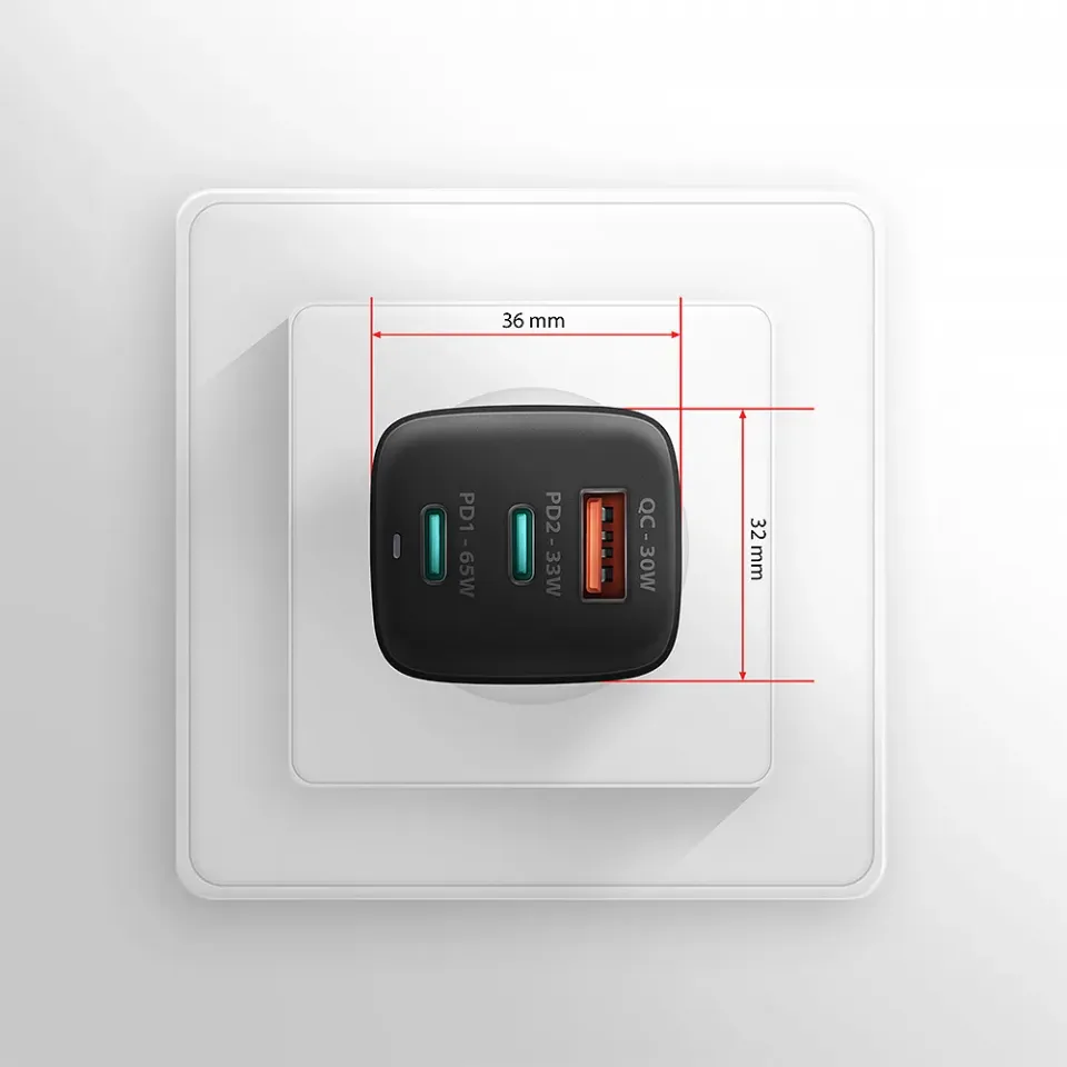 AXAGON ACU-DPQ65, GaN nabíječka do sítě 65W, 3x port (USB-A + dual USB-C), PD3.0