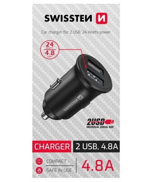 Swissten cl adaptér 2x usb 4,8a metal černý (20115000BOX)
