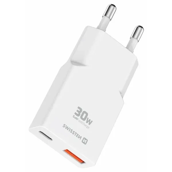 Swissten tenký síťový adaptér GaN USB-C + USB-A 30w bílý