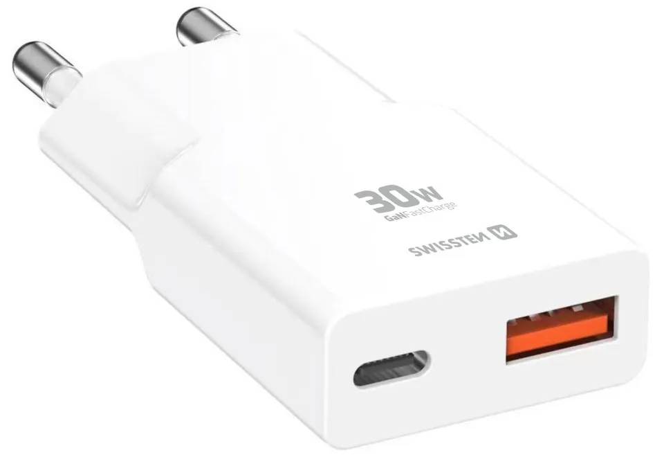 Swissten tenký síťový adaptér GaN USB-C + USB-A 30w bílý