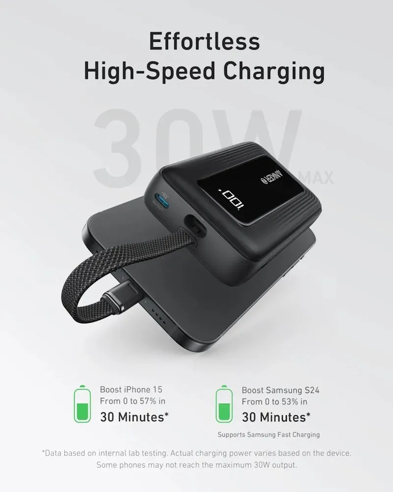 Anker Powerbanka/ 10000mAh/ 30W/ integrovaný USB-C/ displej/ černá