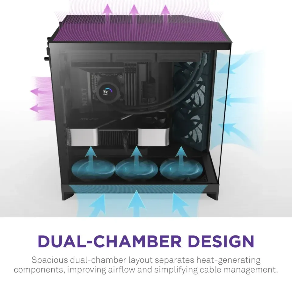 NZXT skříň H9 Flow dvoukomorová ATX / 3x140mm fan / 1x120mm / perforovaný top / proskl. bočnice, front / černá