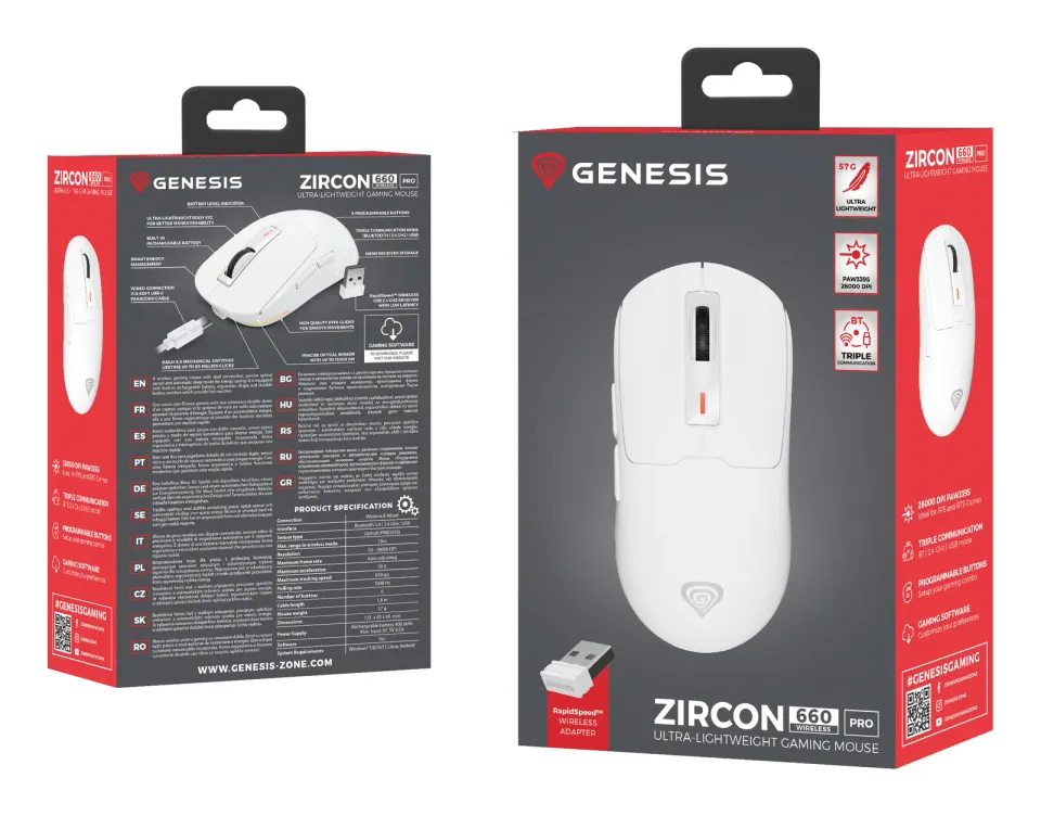 Genesis herní myš ZIRCON 660 PRO/Herní/Optická/Pro praváky/26 000 DPI/Drátová+bezdrátová/Bílá