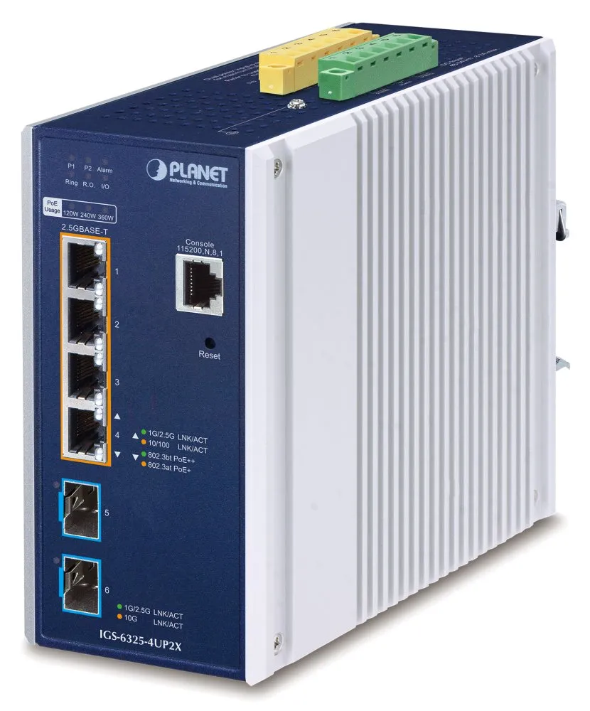 Planet IGS-6325-4UP2X průmyslový L3 switch, 4x2.5Gb, 2x10Gb SFP+, PoE 802.3bt 360W, 48-54VDC, -40~75°C, IP30, fanless