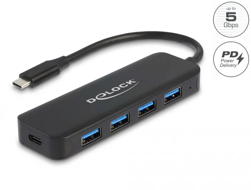 Delock Rozbočovač USB Type-C, 4 porty, USB 3.2 Gen 1 a s Power Delivery, 85 W