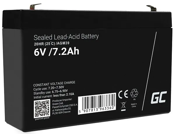 Green Cell AGM VRLA 6V 7.2Ah maintenance-free battery for the alarm system, cash