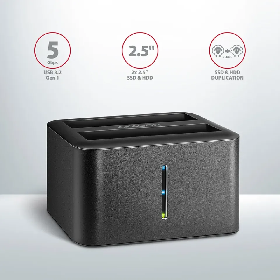 AXAGON ADSA-D25, USB 3.2 Gen 1 - 2x SATA 6G 2.5" SSD/HDD CLONE MINI dokovací st