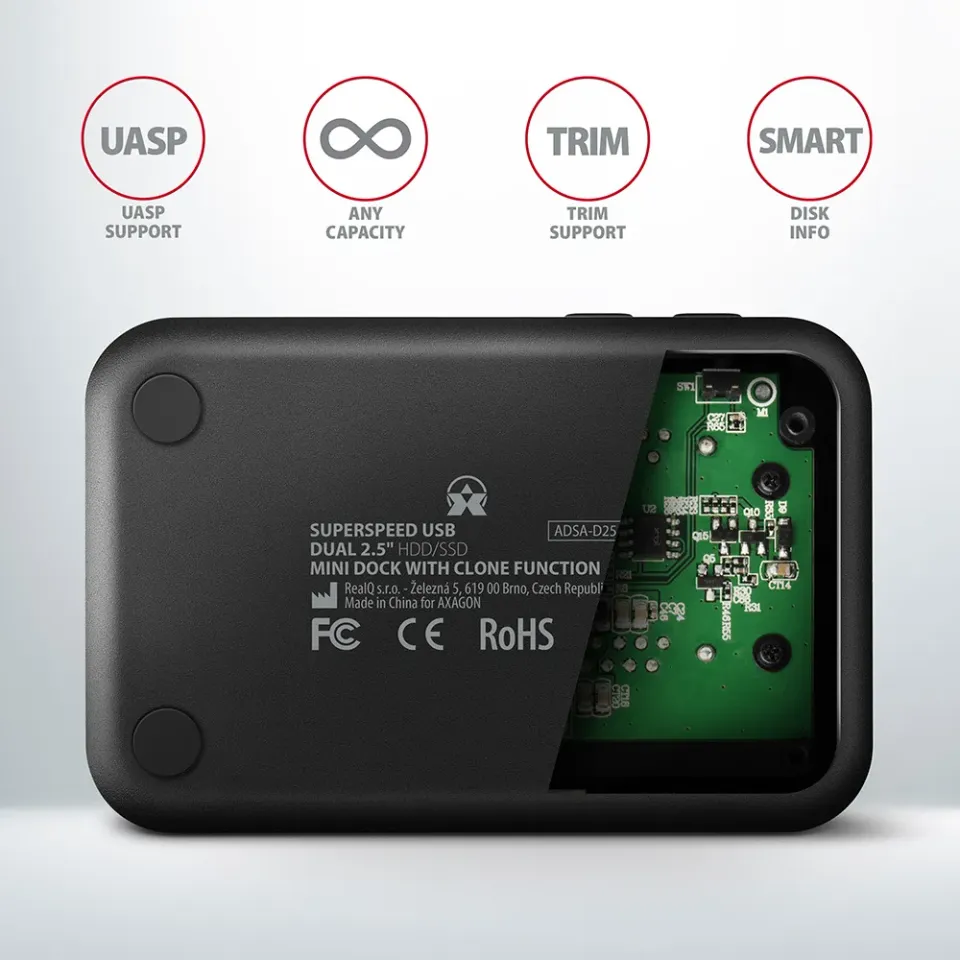 AXAGON ADSA-D25, USB 3.2 Gen 1 - 2x SATA 6G 2.5" SSD/HDD CLONE MINI dokovací st