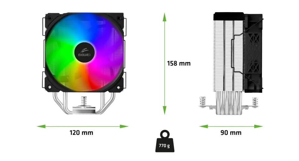 EVOLVEO QuietCool7, CPU chladič s digitálním displejem, 6x heatpipe, černý