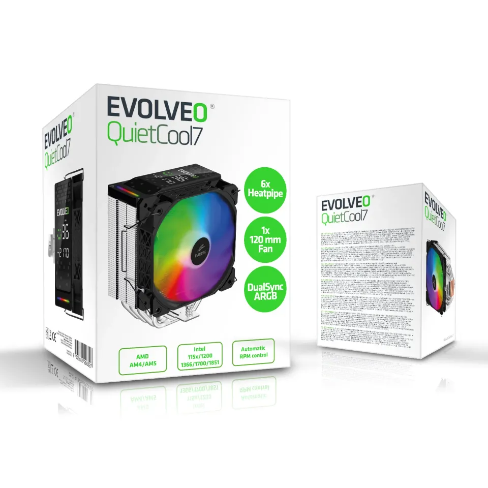 EVOLVEO QuietCool7, CPU chladič s digitálním displejem, 6x heatpipe, černý