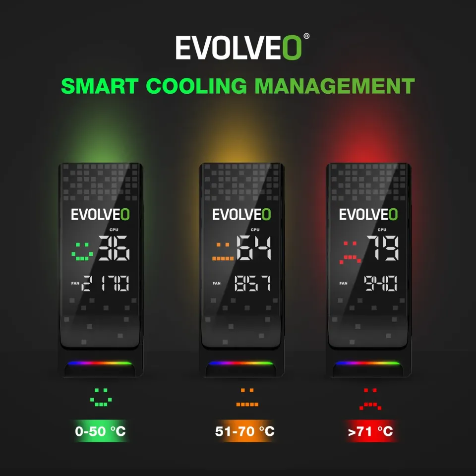 EVOLVEO QuietCool7, CPU chladič s digitálním displejem, 6x heatpipe, černý
