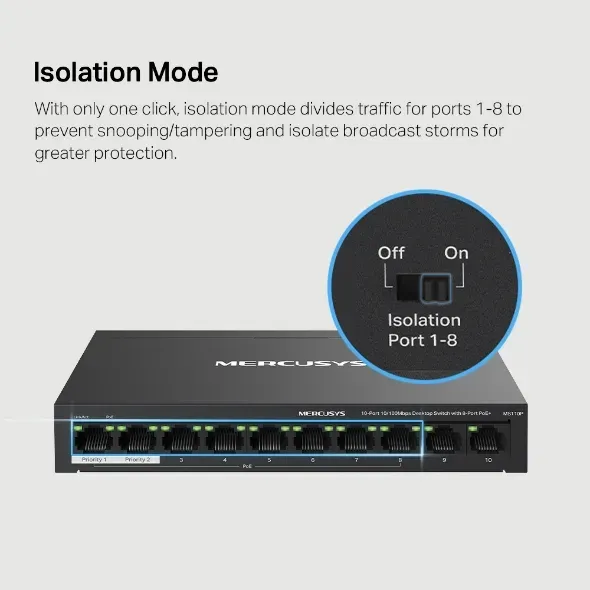 MERCUSYS MS110P - Desetiportový stolní switch s 8 porty 10/100 Mb/s PoE+