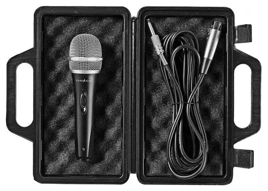 NEDIS kabelový mikrofon/ Kardioid/ odnímatelný kabel 5m/ 600 Ohm/ -72dB/ jack 6.35 mm/ vypínač/ pouzdro/ kov/ černo-šedý