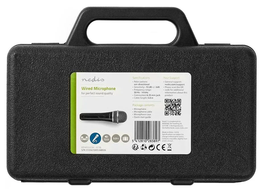 NEDIS kabelový mikrofon/ Kardioid/ odnímatelný kabel 5m/ 600 Ohm/ -72dB/ jack 6.35 mm/ vypínač/ pouzdro/ kov/ černo-šedý