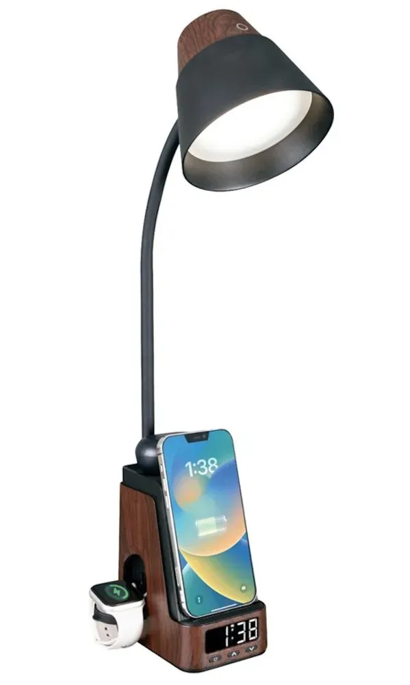 IMMAX LED stolní lampička IDEAL/ Qi nabíjení/ CCT/ 8W/ 800lm/ budík s hodinami/ tmavé dřevo/černá