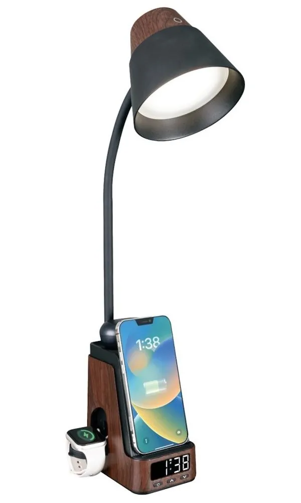 IMMAX LED stolní lampička IDEAL/ Qi nabíjení/ CCT/ 8W/ 800lm/ budík s hodinami/ tmavé dřevo/černá