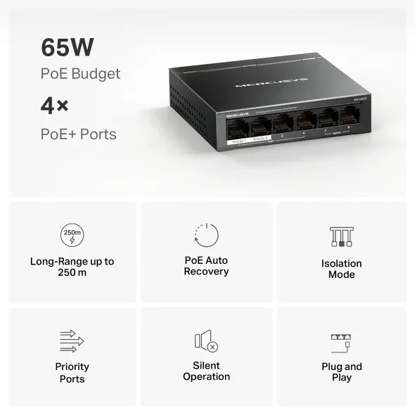 Mercusys MS106PG 6portový stolní switch 100/1000 Mb/s se 4 porty PoE+