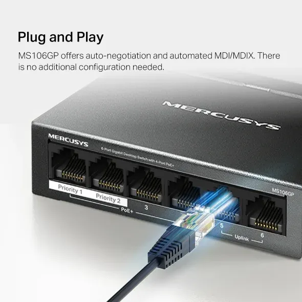 Mercusys MS106PG 6portový stolní switch 100/1000 Mb/s se 4 porty PoE+