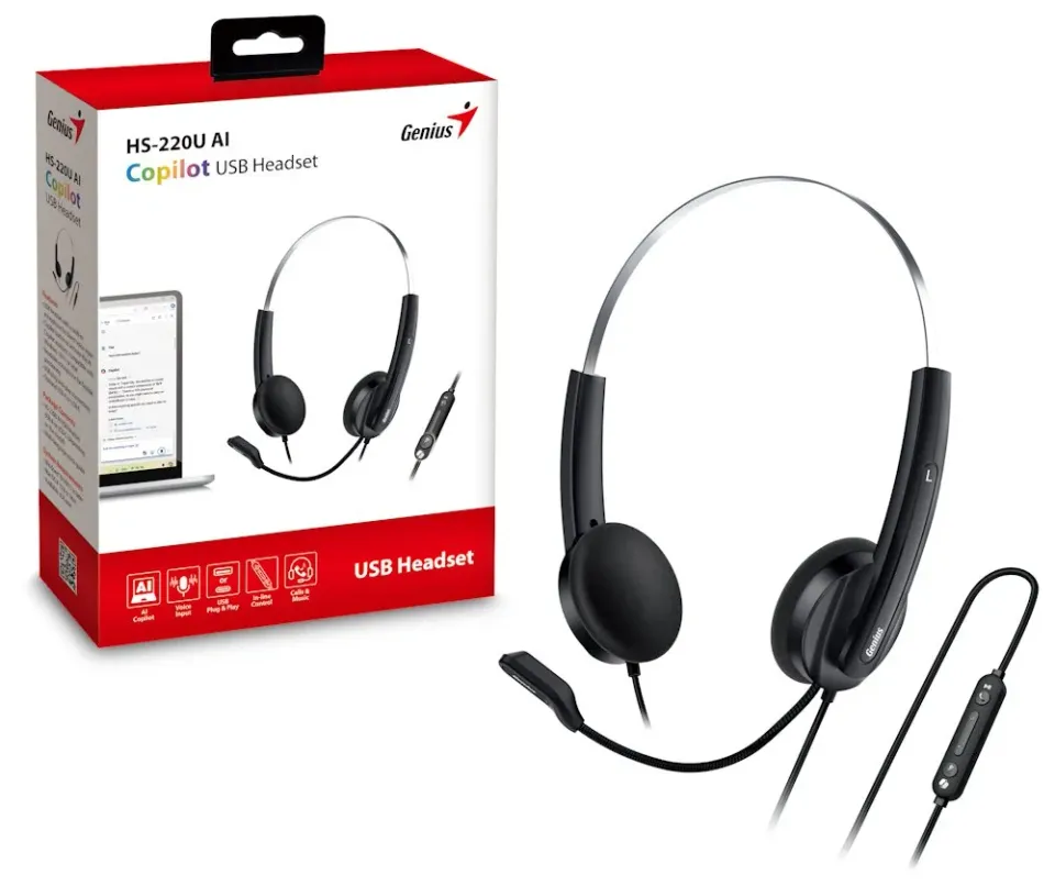 Genius HS-220U AI, Headset, náhlavní, drátový, s mikrofonem, ovládání hlasitosti