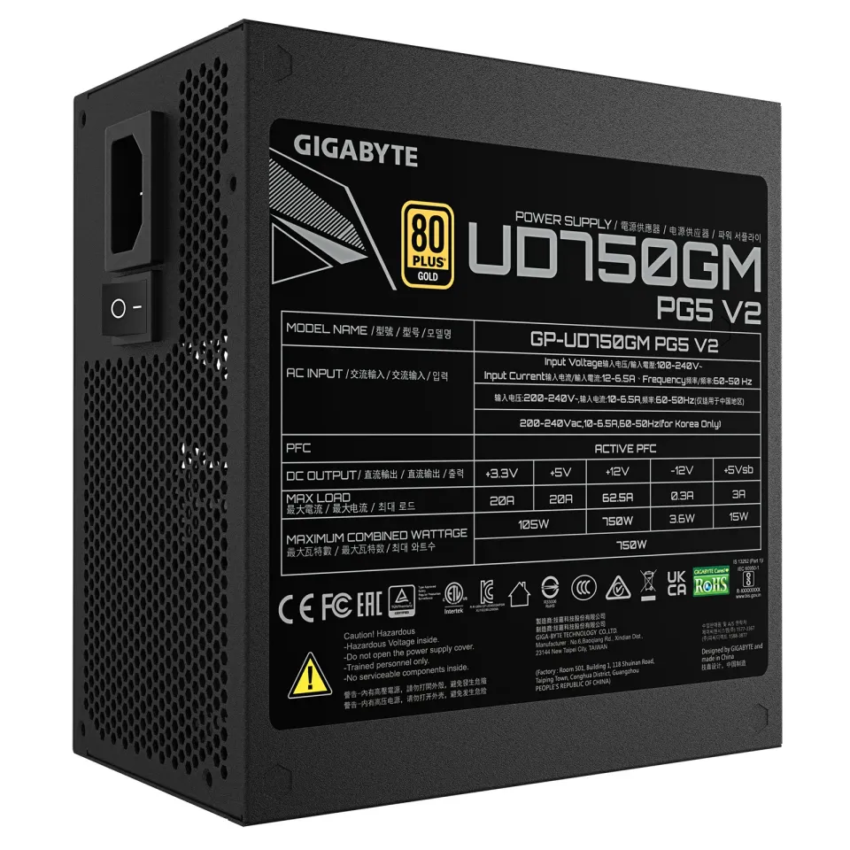 GIGABYTE zdroj UD750GM PG5 V2, 750W, 120mm, Plně modulární, 80 Plus Gold, ATX 3.1