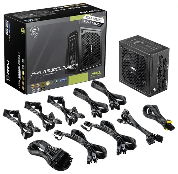 MSI zdroj MAG A1000GL PCIE5 II/ 1000W/ ATX3.1/ akt. PFC/ 7 let celk. záruka/ 135mm fan/ modulární kabeláž/ 80PLUS Gold
