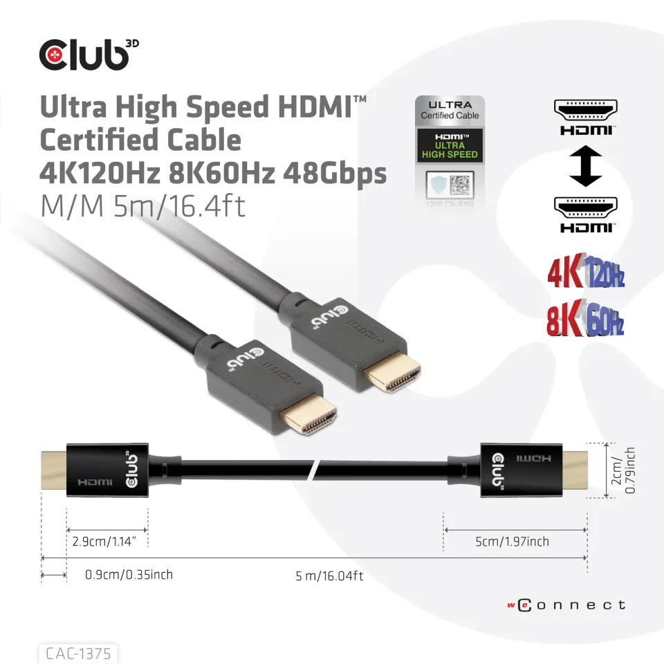 Club3D Ultra Rychlý HDMI™ Certifikovaný, 4K120Hz 8K60Hz 48Gbps M/M 5m/16.4ft, 28 AWG