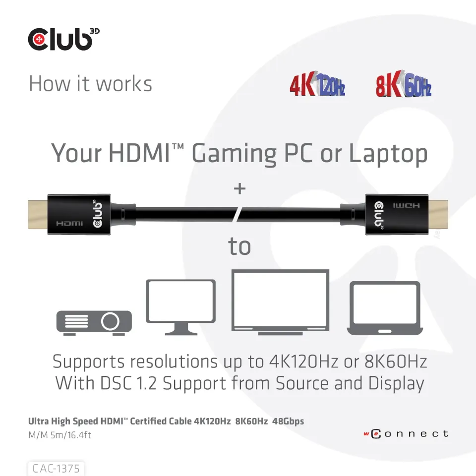 Club3D Ultra Rychlý HDMI™ Certifikovaný, 4K120Hz 8K60Hz 48Gbps M/M 5m/16.4ft, 28 AWG