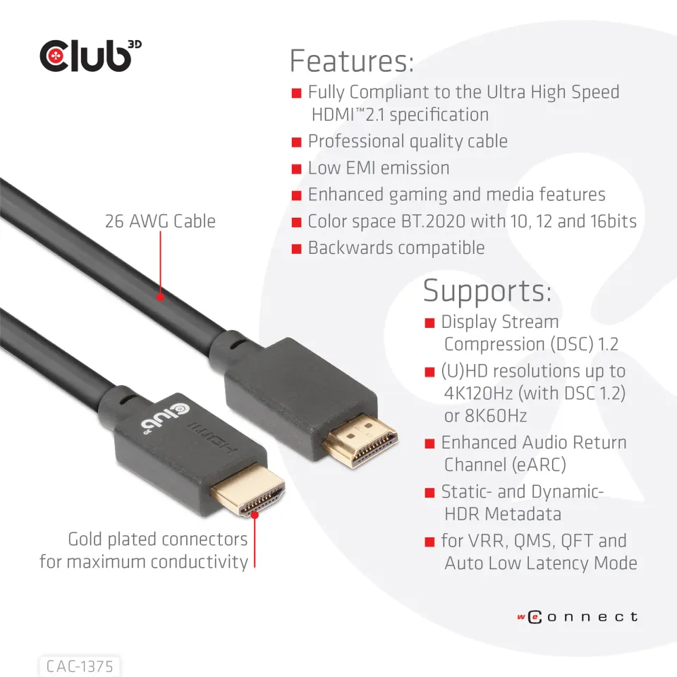 Club3D Ultra Rychlý HDMI™ Certifikovaný, 4K120Hz 8K60Hz 48Gbps M/M 5m/16.4ft, 28 AWG