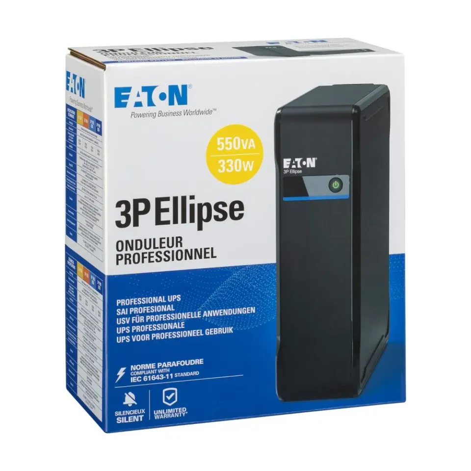 Eaton 3P Ellipse UPS DIN 550VA, 330W, Vstup: C14, Výstupy: (3) Typ E, (1) Pouze přepěťová ochrana Typ E, Tower