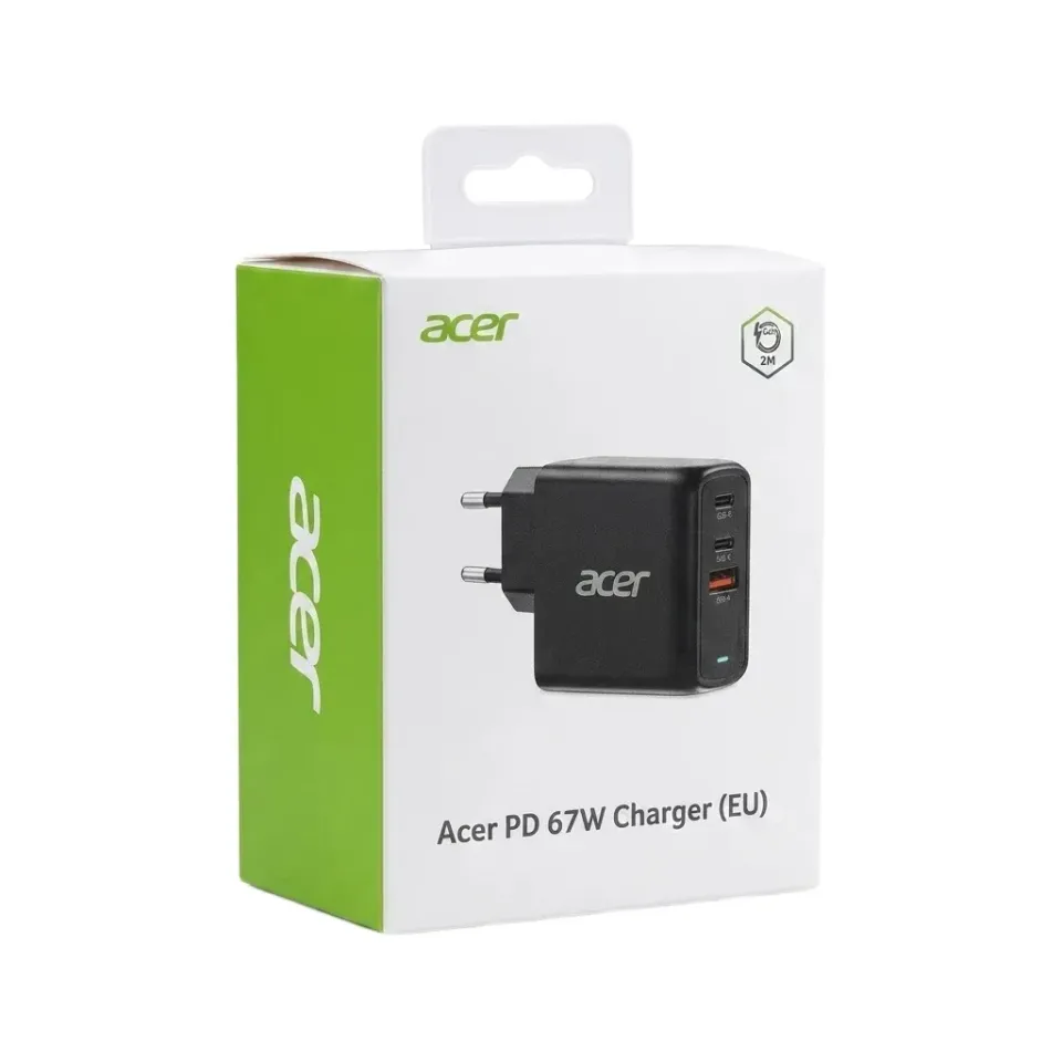 ACER Adapter 67W PD GaN charger,USB-C,USB-A,EU plug,Black