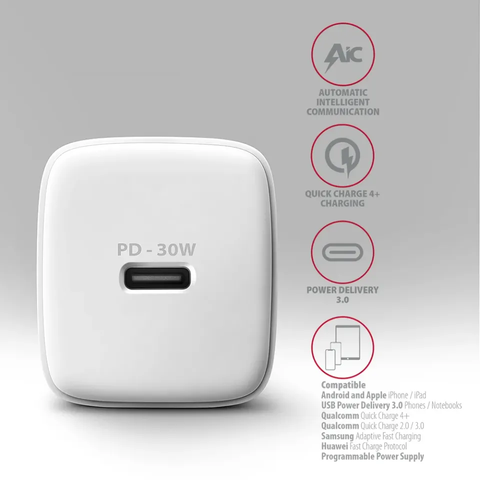 AXAGON ACU-PD30W, Sil nabíječka do sítě 30W, 1x port USB-C, PD3.0/PPS/QC4+/SFC/A
