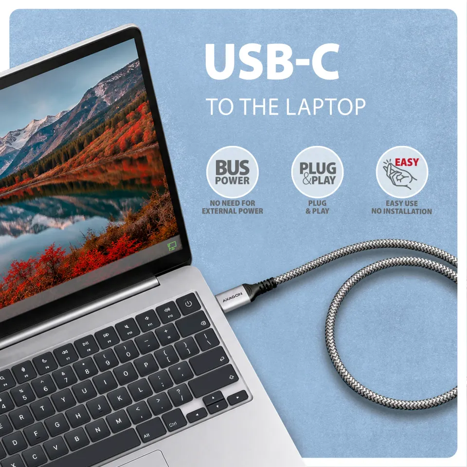 AXAGON ADE-CM20, USB-C Gigabit Ethernet adaptér s integrovaným síťovým CAT6 kabelem RJ-45 (2m)