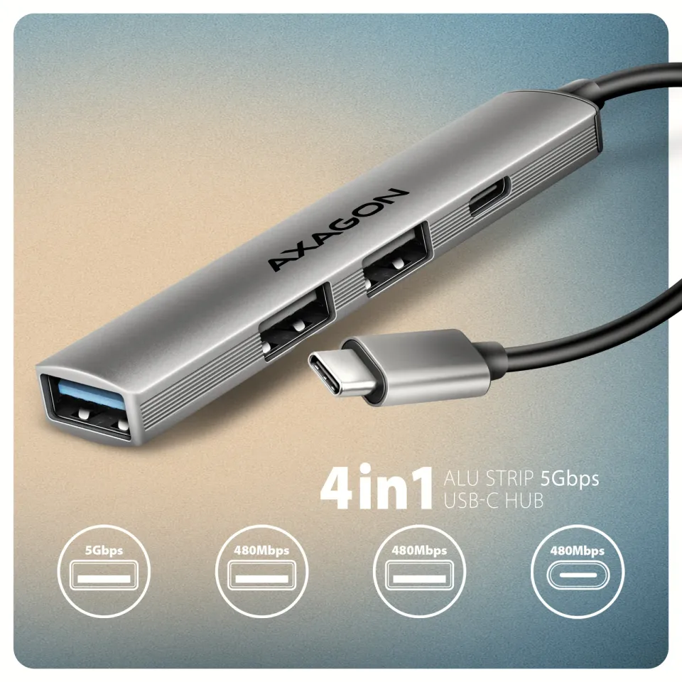 AXAGON HUE-STC, 4x USB ALU STRIP hub, 1x USB-A 5Gbps, 2x USB-A & 1x USB-C 480Mbp