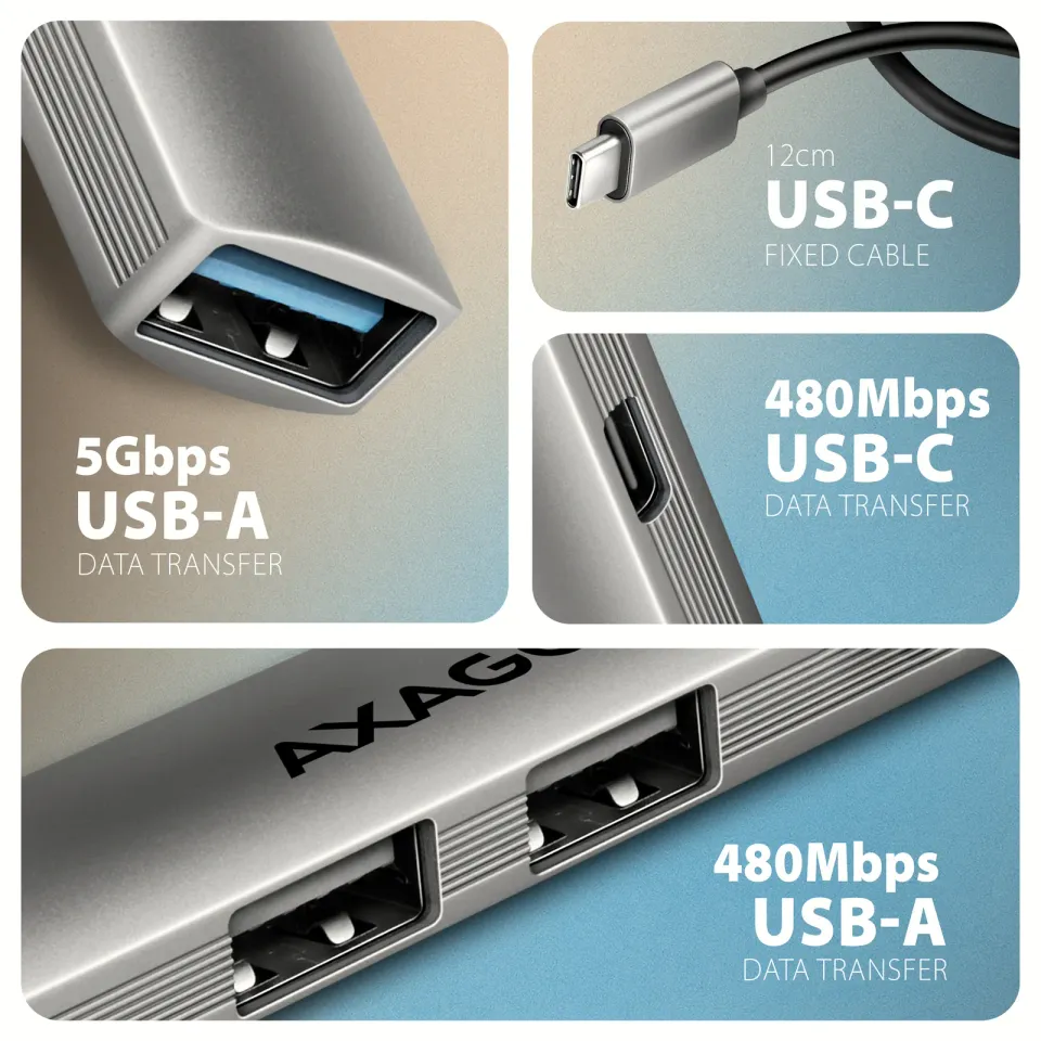 AXAGON HUE-STC, 4x USB ALU STRIP hub, 1x USB-A 5Gbps, 2x USB-A & 1x USB-C 480Mbp