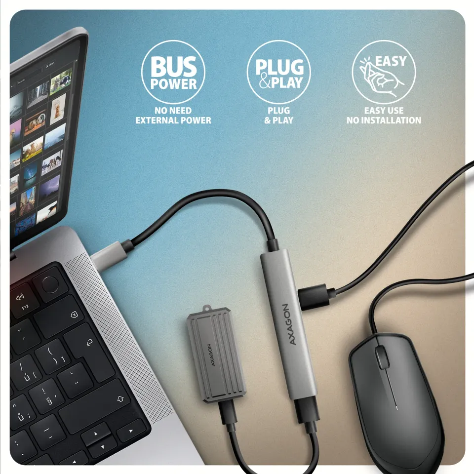 AXAGON HUE-STC, 4x USB ALU STRIP hub, 1x USB-A 5Gbps, 2x USB-A & 1x USB-C 480Mbp