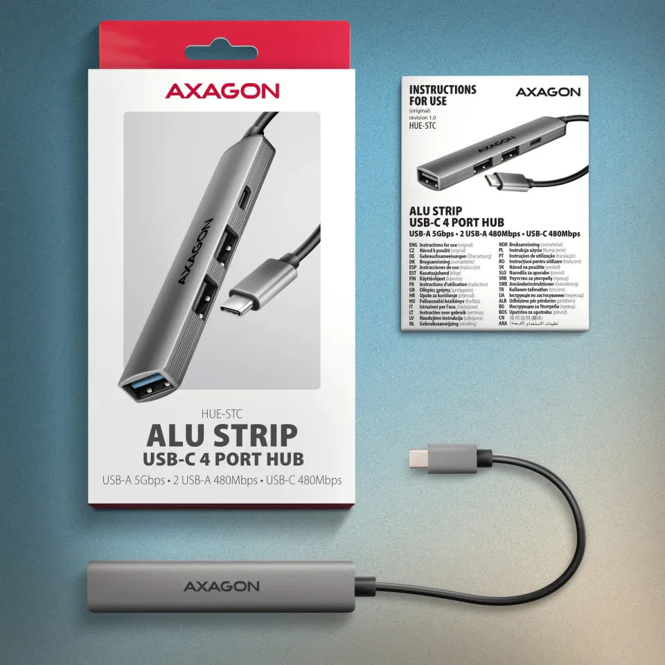 AXAGON HUE-STC, 4x USB ALU STRIP hub, 1x USB-A 5Gbps, 2x USB-A & 1x USB-C 480Mbp