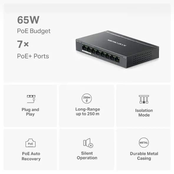 MERCUSYS MS108GP - 8portový gigabitový stolní switch se 7 porty PoE+, 8× 10/100/