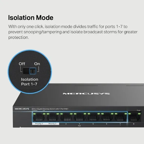 MERCUSYS MS108GP - 8portový gigabitový stolní switch se 7 porty PoE+, 8× 10/100/