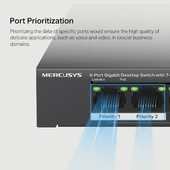 MERCUSYS MS108GP - 8portový gigabitový stolní switch se 7 porty PoE+, 8× 10/100/