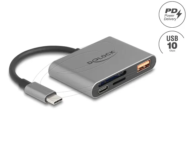 Delock Čtečka karet USB-C pro paměťové karty SD a Micro SD + port USB 10 Gb/s ty